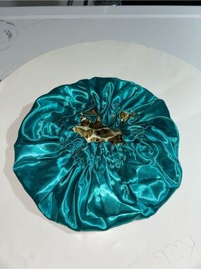 Satin Turquoise Sleep Bonnet with Leopard Accent